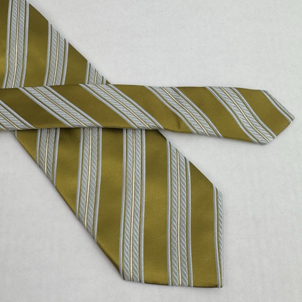 Ermenegildo Zegna Men's Silk Tie Gold Olive Silver Striped Italy Designer Lux